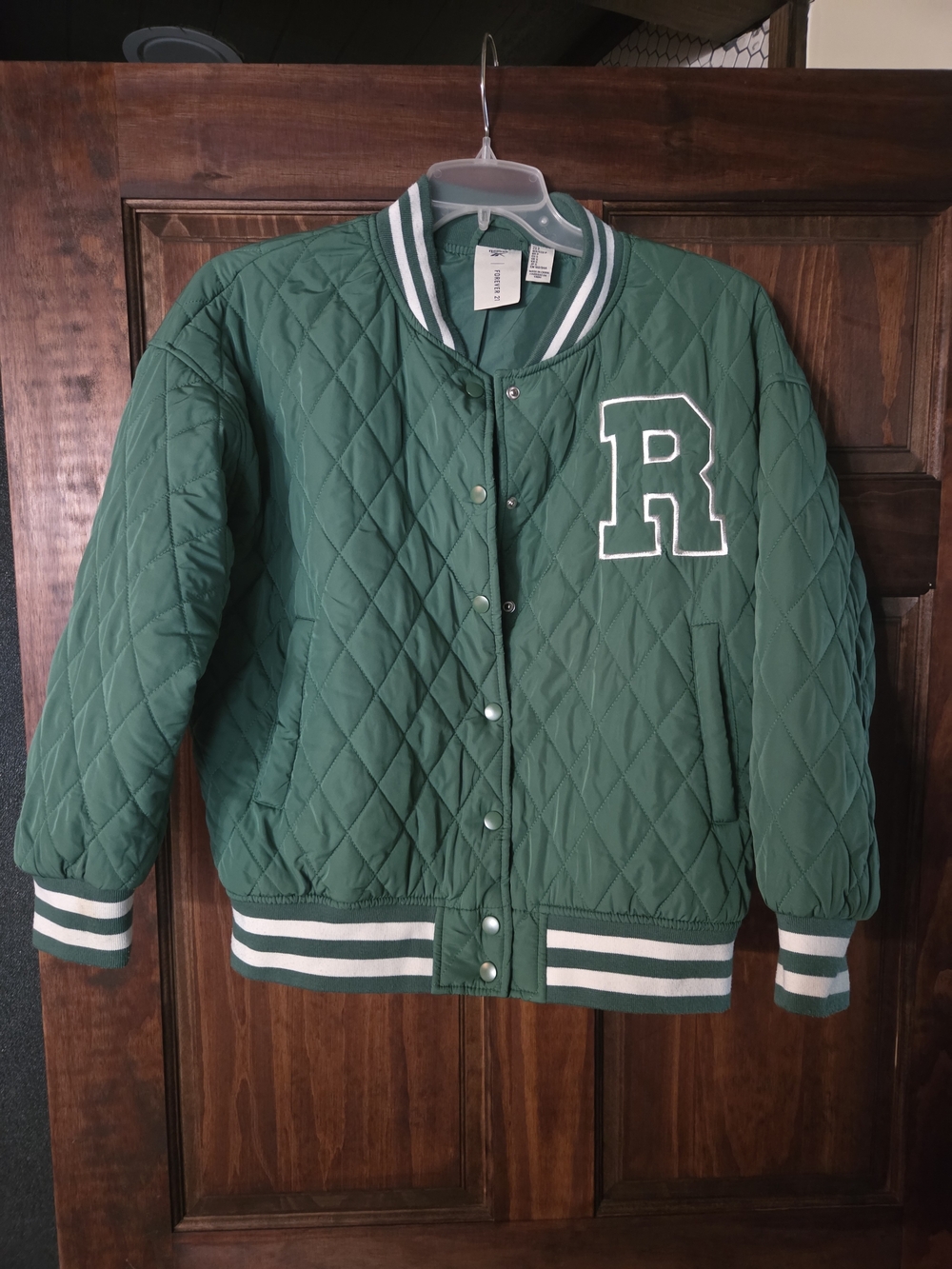 Reebok Green Quilted Varsity Bomber Jacket with White Trim